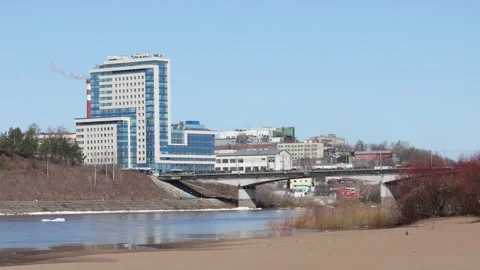 Ice drift view of the bridge over the Vyatka River Stock Footage 276854683