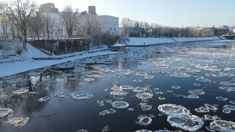Ice Drift In Vilnius, Lithuania. River Neris. Ice Floes Float On The River Stock Footage 167683402
