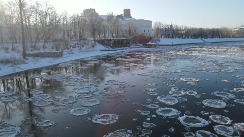 Ice Drift In Vilnius, Lithuania. River Neris. Gediminas tower Stock Footage 167684159