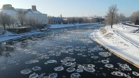 Ice Drift In Vilnius, Lithuania. River Neris. Gediminas tower Stock Footage 167684223