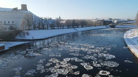 Ice Drift In Vilnius, Lithuania. River Neris. Gediminas tower Stock Footage 167684449