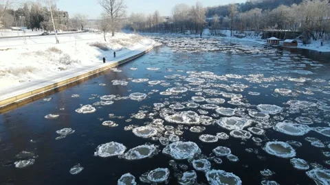Ice Drift In Vilnius, Lithuania. River Neris. Ice Floes Float On The River Stock Footage 167697094
