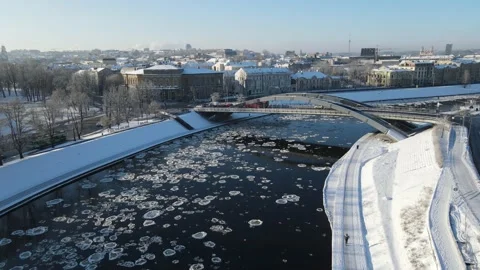 Ice Drift In Vilnius, Lithuania. River Neris. Ice Floes Float On The River Stock Footage 167697958