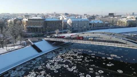 Ice Drift In Vilnius, Lithuania. River Neris. Ice Floes Float On The River Stock Footage 167698960