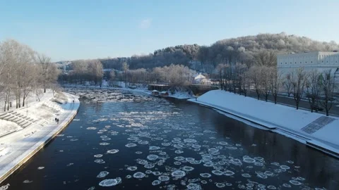 Ice Drift In Vilnius, Lithuania. River Neris. Ice Floes Float On The River Stock Footage 167698970