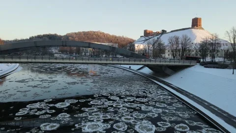 Ice Drift In Vilnius, Lithuania. River Neris. Ice Floes Float On The River Stock Footage 167700990