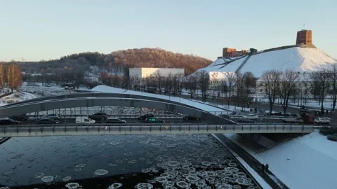 Ice Drift In Vilnius, Lithuania. River Neris. Gediminas tower Stock Footage 167701026