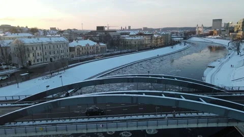 Ice Drift In Vilnius, Lithuania. River Neris. Ice Floes Float On The River Stock Footage 167702380