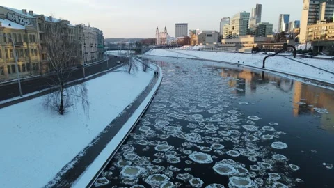Ice Drift In Vilnius, Lithuania. River Neris. Ice Floes Float On The River Stock Footage 167703516