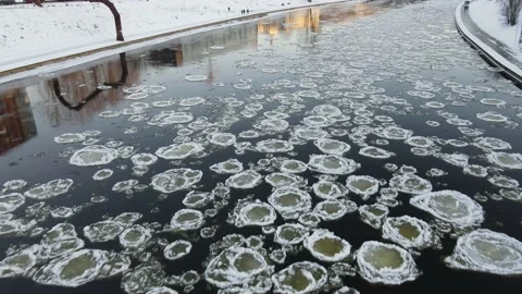 Ice Drift In Vilnius, Lithuania. River Neris. Ice Floes Float On The River Stock Footage 167703517