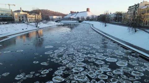 Ice Drift In Vilnius, Lithuania. River Neris. Ice Floes Float On The River Stock Footage 167703532