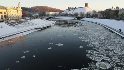Ice Drift In Vilnius, Lithuania. River Neris. Gediminas tower Stock Footage 167704497