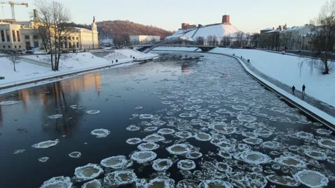 Ice Drift In Vilnius, Lithuania. River Neris. Ice Floes Float On The River Stock Footage 167704507
