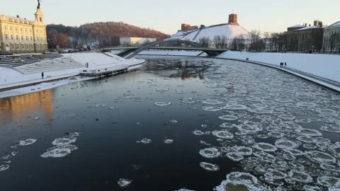 Ice Drift In Vilnius, Lithuania. River Neris. Gediminas tower Stock Footage 167705316