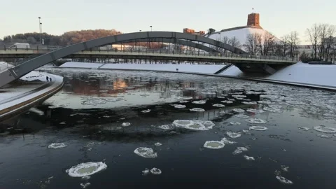 Ice Drift In Vilnius, Lithuania. River Neris. Gediminas tower Stock Footage 167705319