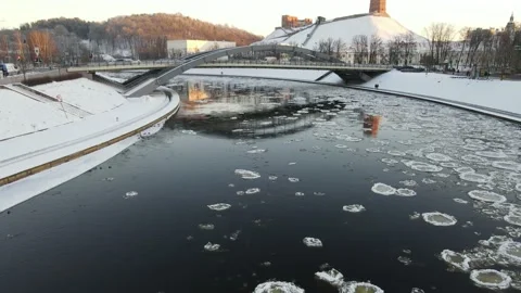Ice Drift In Vilnius, Lithuania. River Neris. Ice Floes Float On The River Stock Footage 167705322