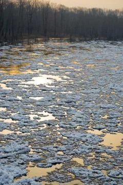 Ice drifting on the river Stock Photos