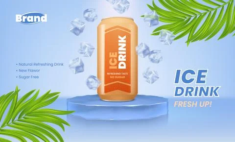 Ice drink can on ice podium, frozen aluminum bottle with palm leaves, realistic Stock Illustration