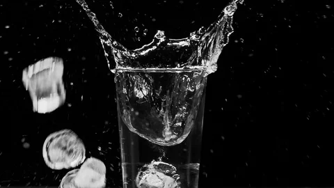 Ice dropped into glass in super slow motion. Shot with cinema camera RED DRAGON Video stock 123711886