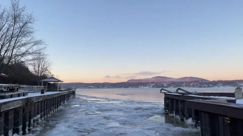 Ice on Empty Sunrise Boat Launch Stock Footage 262589954