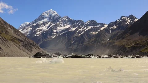 Ice floating on Lake Hooker under Mt Cook in New Zealand South island as 4k. Stock Footage 260964006