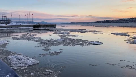 Ice floating on the St. Lawrence river in old port Stock Footage 331211805