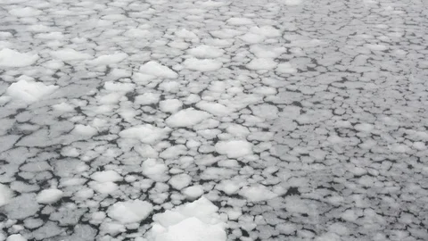 Ice floating on the surface of a semi-frozen lake during a snow storm Stock Footage 113229460