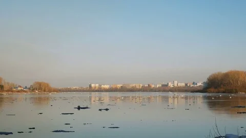 The ice floats along the river Stock Footage 74499746