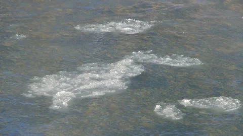 Ice floats down a mountain river. River freezing. The river begins to freeze Stock Footage 263149152