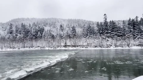 Ice floats down a mountain river. The river begins to freeze, the ice floats Stock Footage 270188892