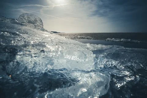 Ice floe blocks from drift ice driven ashore during severe winter weather Stock Photos