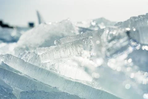 Ice floe blocks from drift ice driven ashore during severe winter weather Stock Photos