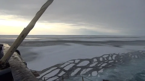 Ice floe broken by a boat in the Arctic Ocean, North Pole Video stock 104875228