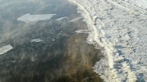 Ice floes float near shore. Warm undercurrents. Stock Footage 87877916