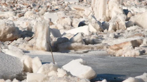 Ice flow rapids tumbling on grand river downstream. Shallow depth of field Stock Footage 150509201