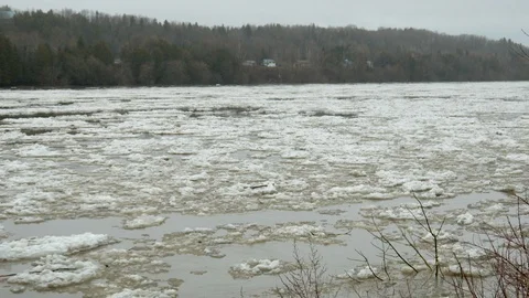 Ice flowing fast flooding by small town 4k Stock Footage 108642296