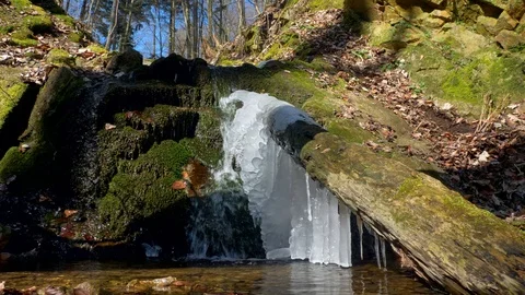 Ice in forest stream thawing in spring 스톡 동영상 88872900