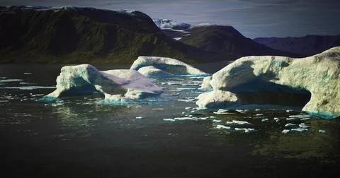 Ice formations float in calm waters beneath dramatic mountains Stock Illustration