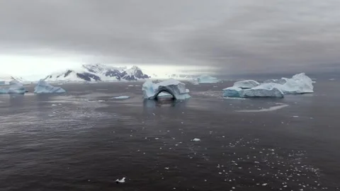 Ice formations floating in dark Antarctic waters on cloudy day Stock-Footage 341328539