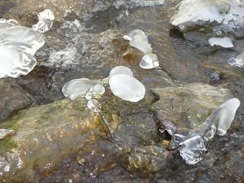 Ice formations in a stream with rocks Foto stock