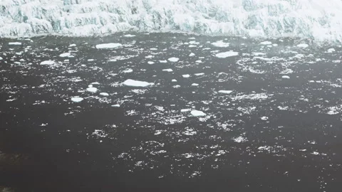 Ice forms drift on dark water under cloudy sky near glacier in summer Stock Footage 340028438