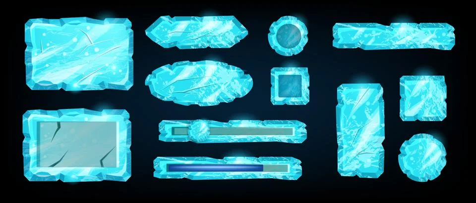 Ice game button vector set, frozen winter UI icon kit, cartoon crystal panel Illustrazione stock