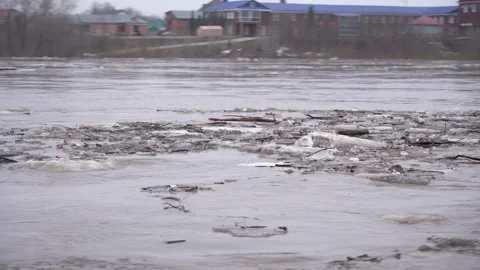 Ice goes down the river during a flood on the Belaya River in Ufa. Stock Footage 279396352