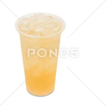 Ice green tea with lychee fruit in takeaway glass isolated on white backgroun Stock Photos