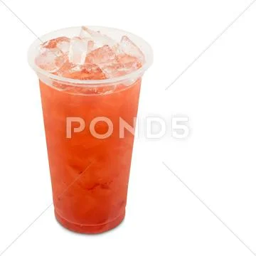 Ice green tea with strawberry fruit in takeaway glass isolated on white backg Stock Photos