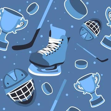 Ice hockey elements seamless pattern. Repeated professional sports accessories Stock Illustration