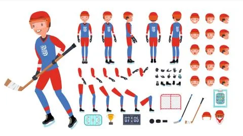 Ice Hockey Player Vector. Animated Character Creation Set. Ice Hockey Tools A Ilustración de archivo
