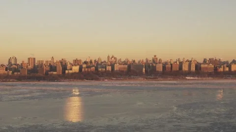 Ice In The Hudson River during sunset Stock Footage 243638227