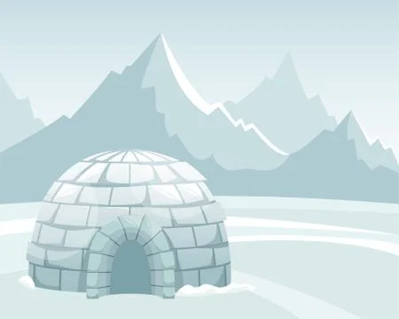 Ice igloo in the field against the mountains. Winter Northern landscape. Stock Illustration
