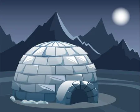 Ice igloo in the field against the mountains. Winter Northern landscape Stock Illustration